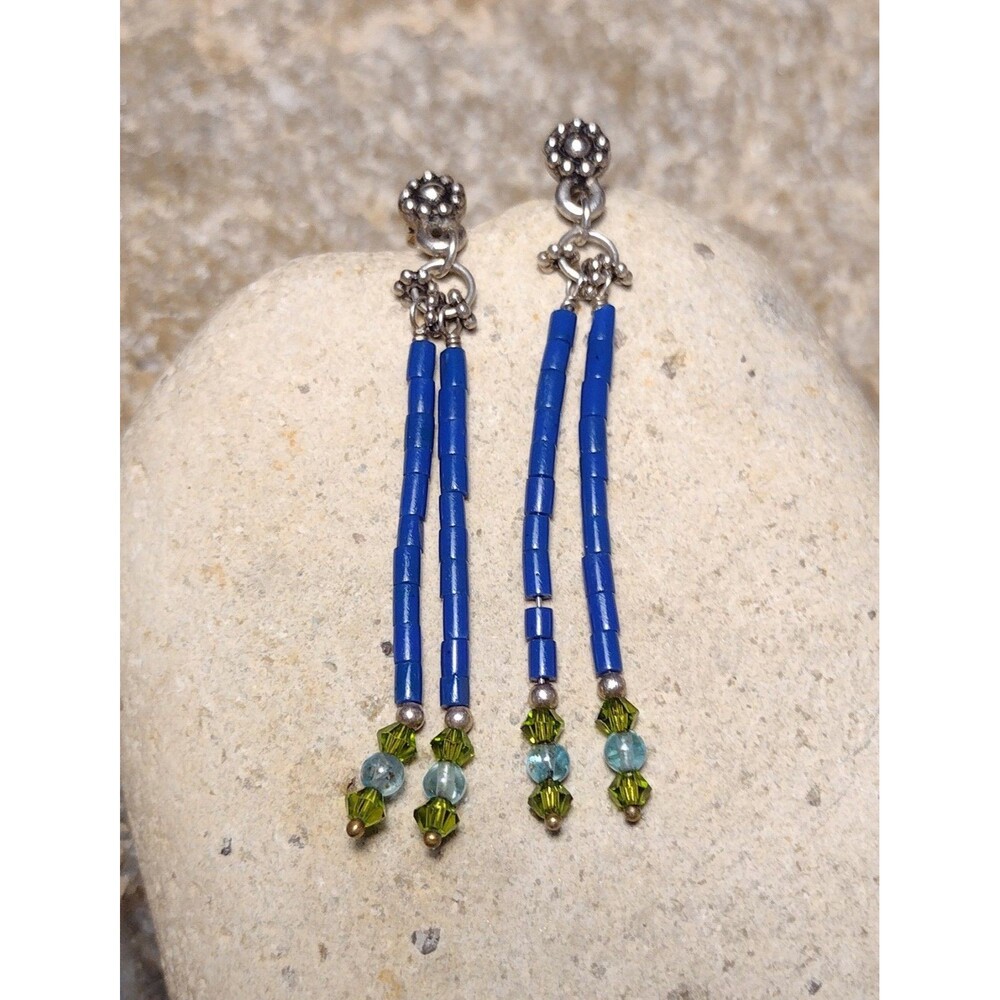Blue Lapis Lazuli Crystal Beaded Dangle Earrings Vintage